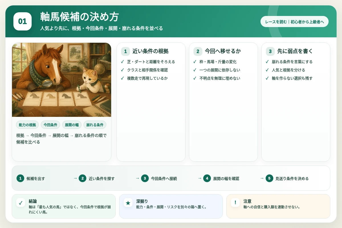根拠 → 今回条件 → 展開の幅 → 崩れる条件の順で候補を比べる図解