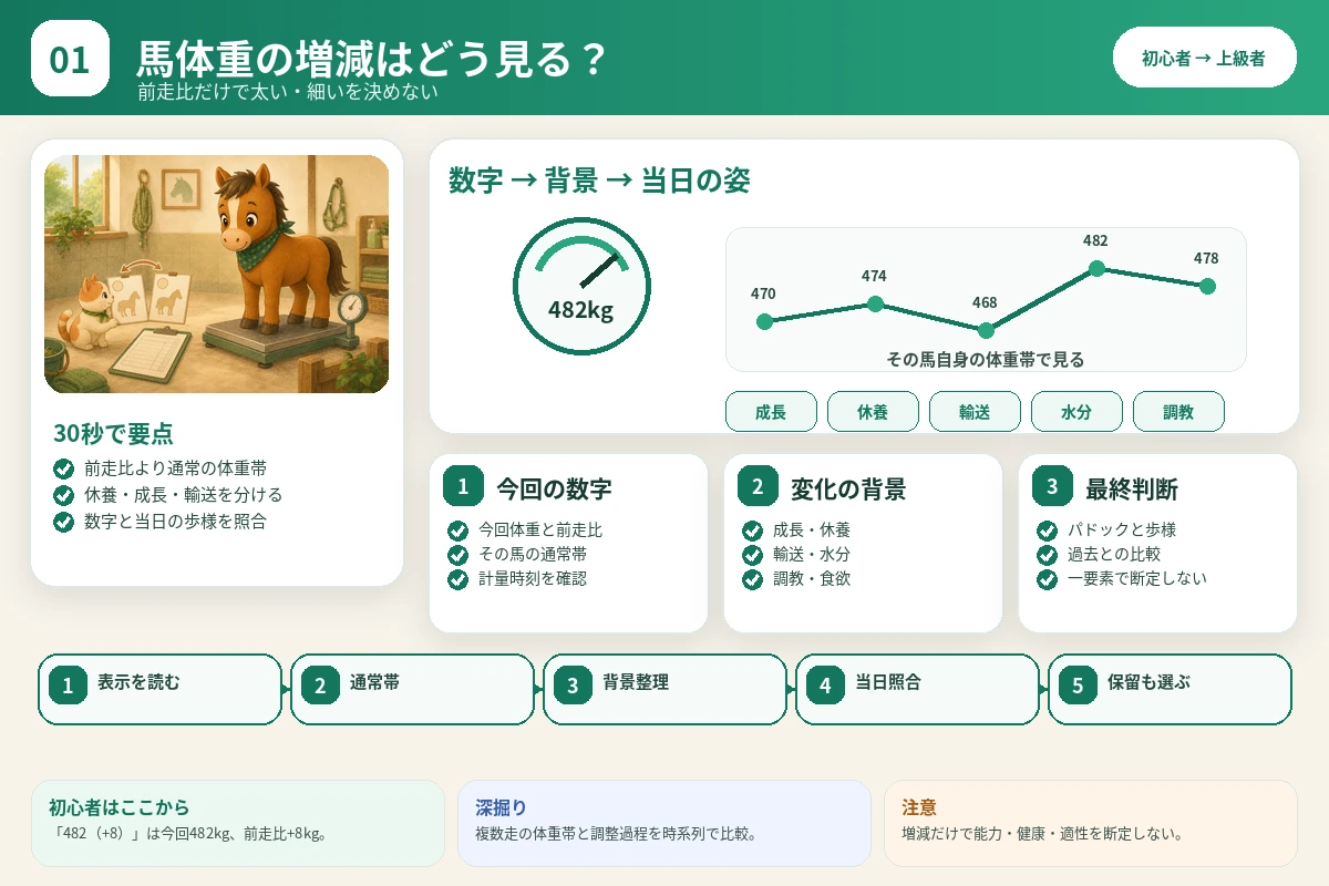 馬体重を前走比・通常帯・変化の背景・当日の歩様に分けて確認する図解