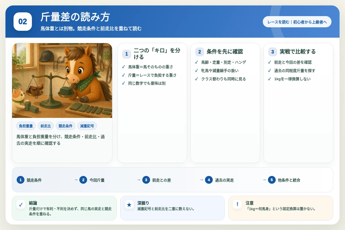 馬体重と負担重量を分け、競走条件・前走比・過去の実走を順に確認する図解