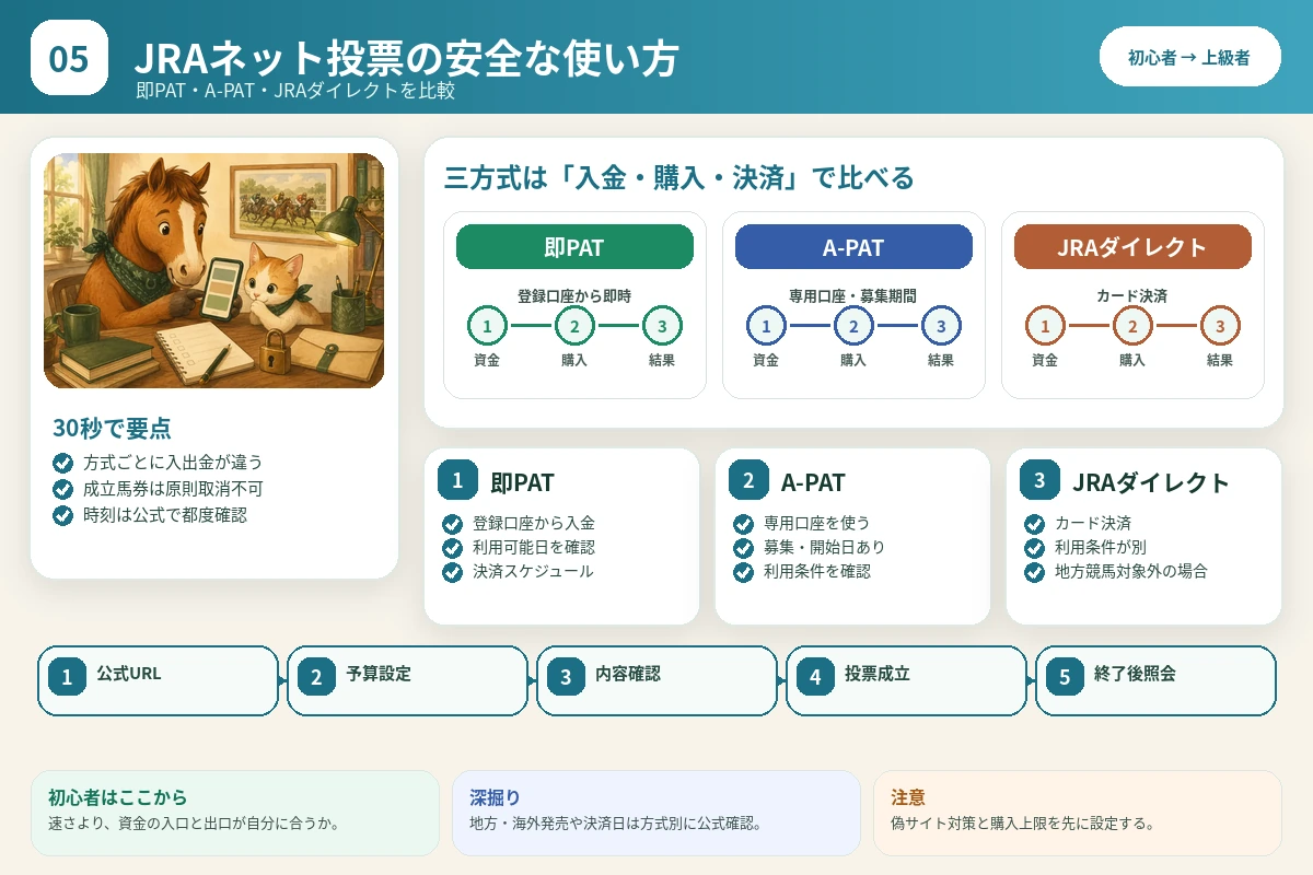 即PAT・A-PAT・JRAダイレクトを資金の入口・購入・決済で比較する図解