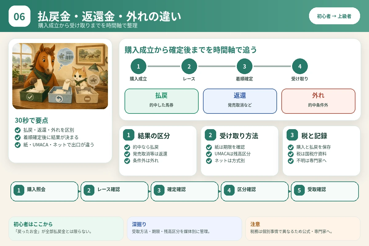 馬券の購入成立から確定後までを追い、払戻・返還・外れを分ける図解