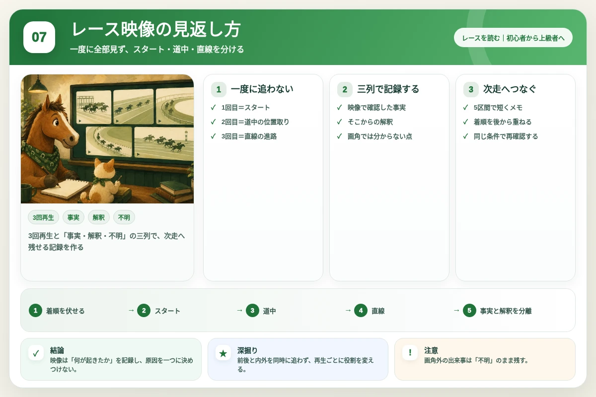 3回再生と「事実・解釈・不明」の三列で、次走へ残せる記録を作る図解