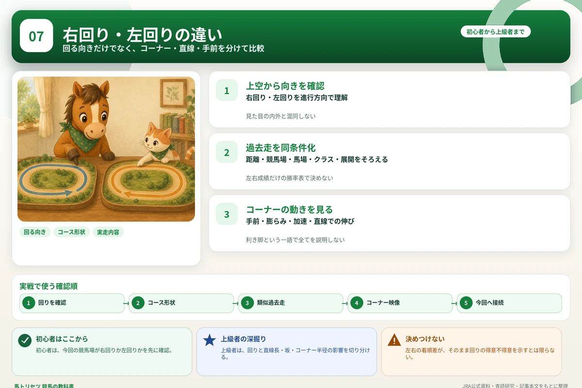 右回り・左回りを、コース形状、手前、過去の実走内容から確認する図解