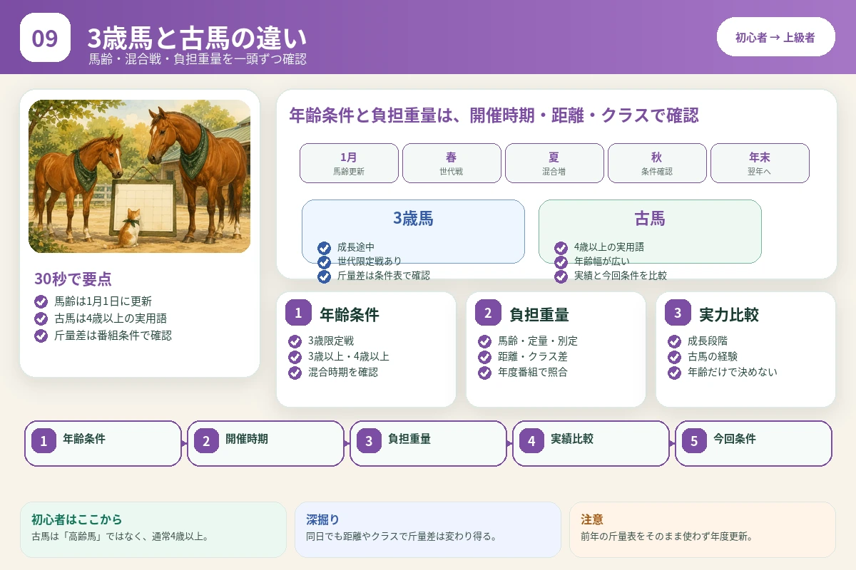 3歳馬と古馬を年齢条件・開催時期・負担重量・実績で比較する図解